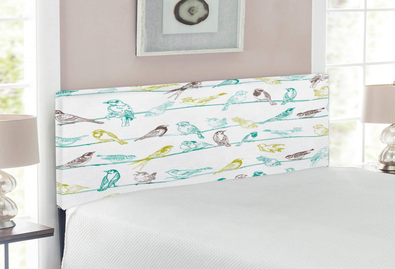 Ambesonne Birds Headboard - Full Size Upholstered Metal Bed Frame with Memory Foam, Musical Birds Sitting on Wires Print in Pale Green Brown | Decorative Bedroom Furniture for Modern Home Decor, Perfect for Guest Rooms & Master Bedrooms