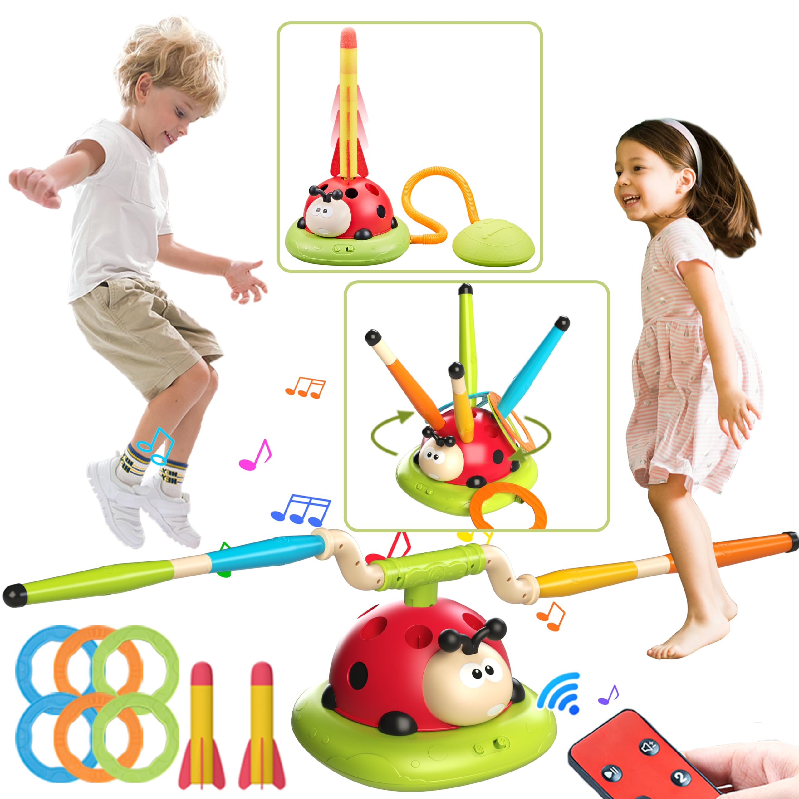 Engfa 3-in-1 Musical Jump & Toss Ring Game Set with Stomping Rocket Launcher - Outdoor Sports Toys for Kids Ages 3-8 - Perfect for Backyard Play, Birthday Gifts & Family Fun Activities