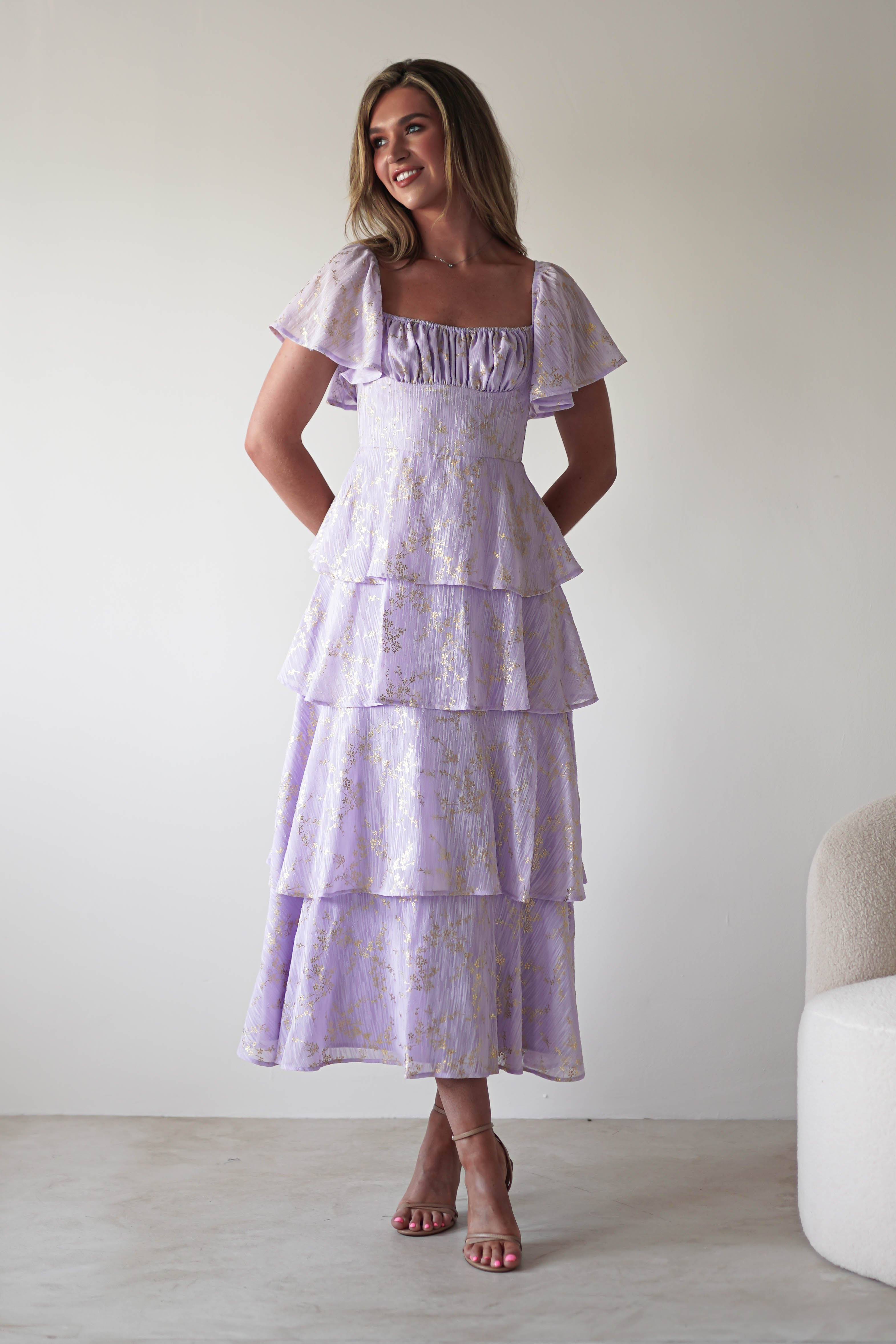 Mirielle Gold Detail Ruffle Maxi Dress - Elegant Long Flowy Dress for Women | Perfect for Weddings, Parties & Special Occasions | Lilac Purple Evening Gown