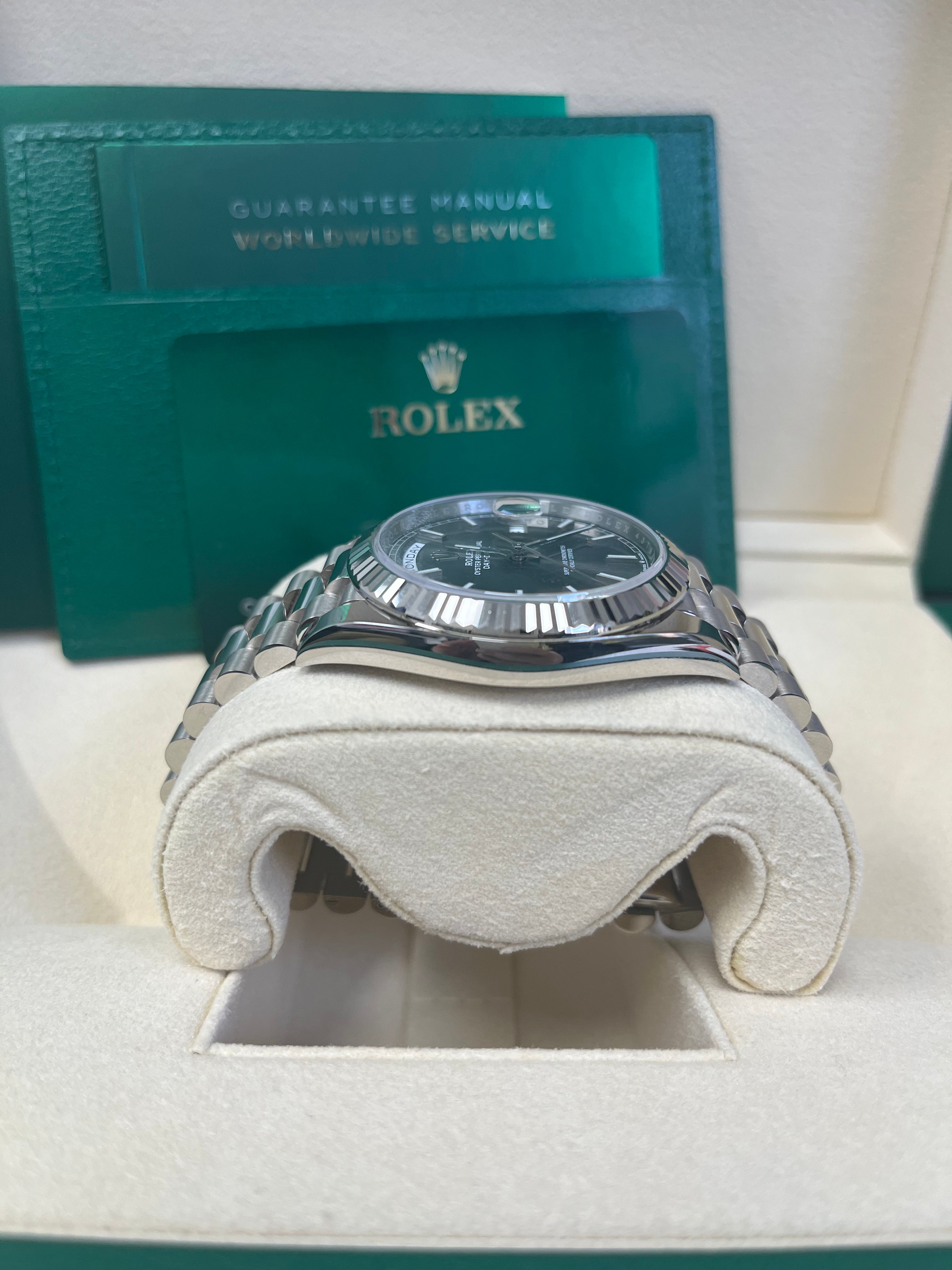 Rolex Day-Date 40mm White Gold Watch with Slate Dial, Fluted Bezel & President Bracelet (Ref: 228239) - Luxury Dress Watch for Business & Formal Occasions