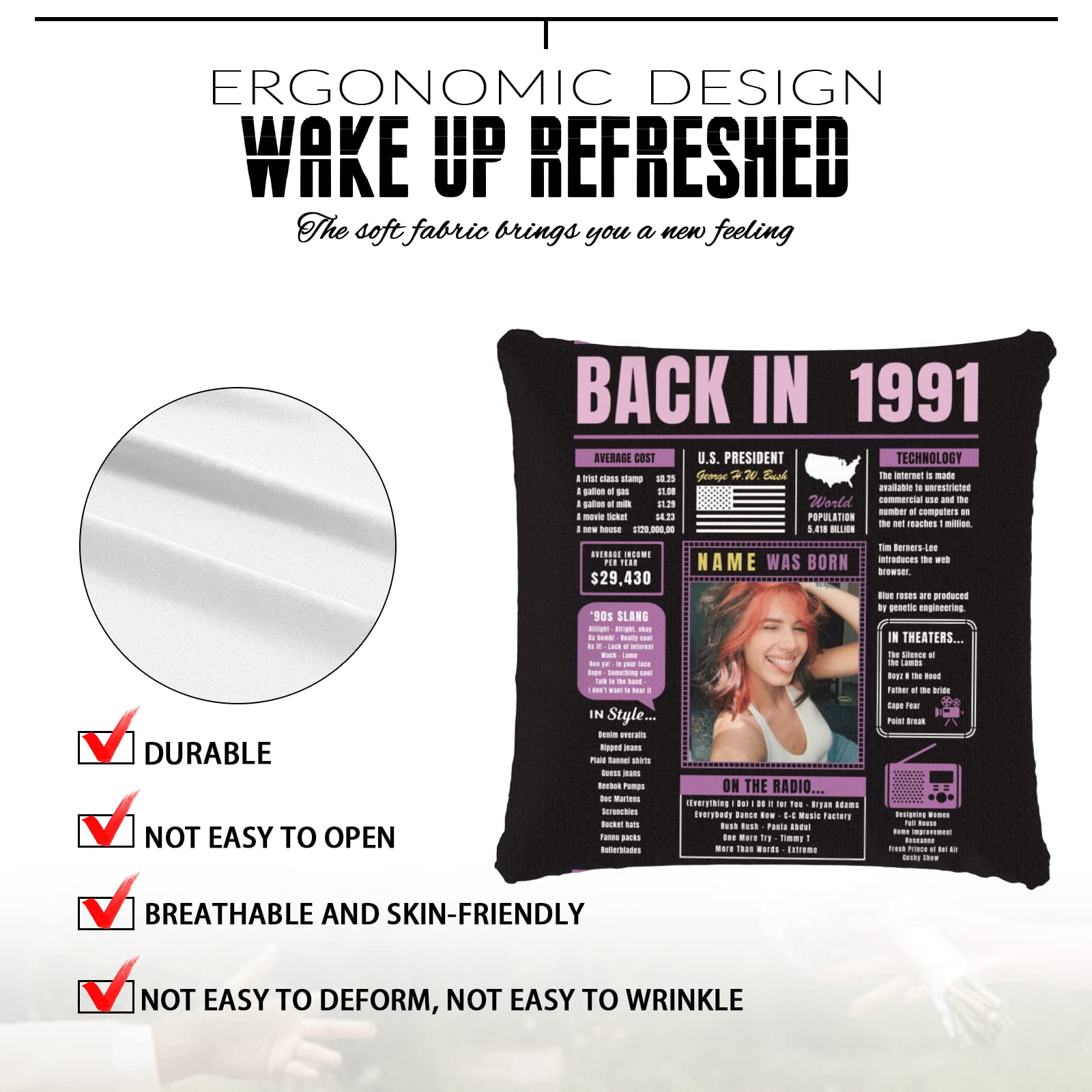 33rd Birthday Gifts for Women & Men - Custom Purple 1991 Throw Pillow with Soft Pillowcase | Unique 33 Year Old Birthday Decor for Parties, Home Decor & Anniversary Gifts