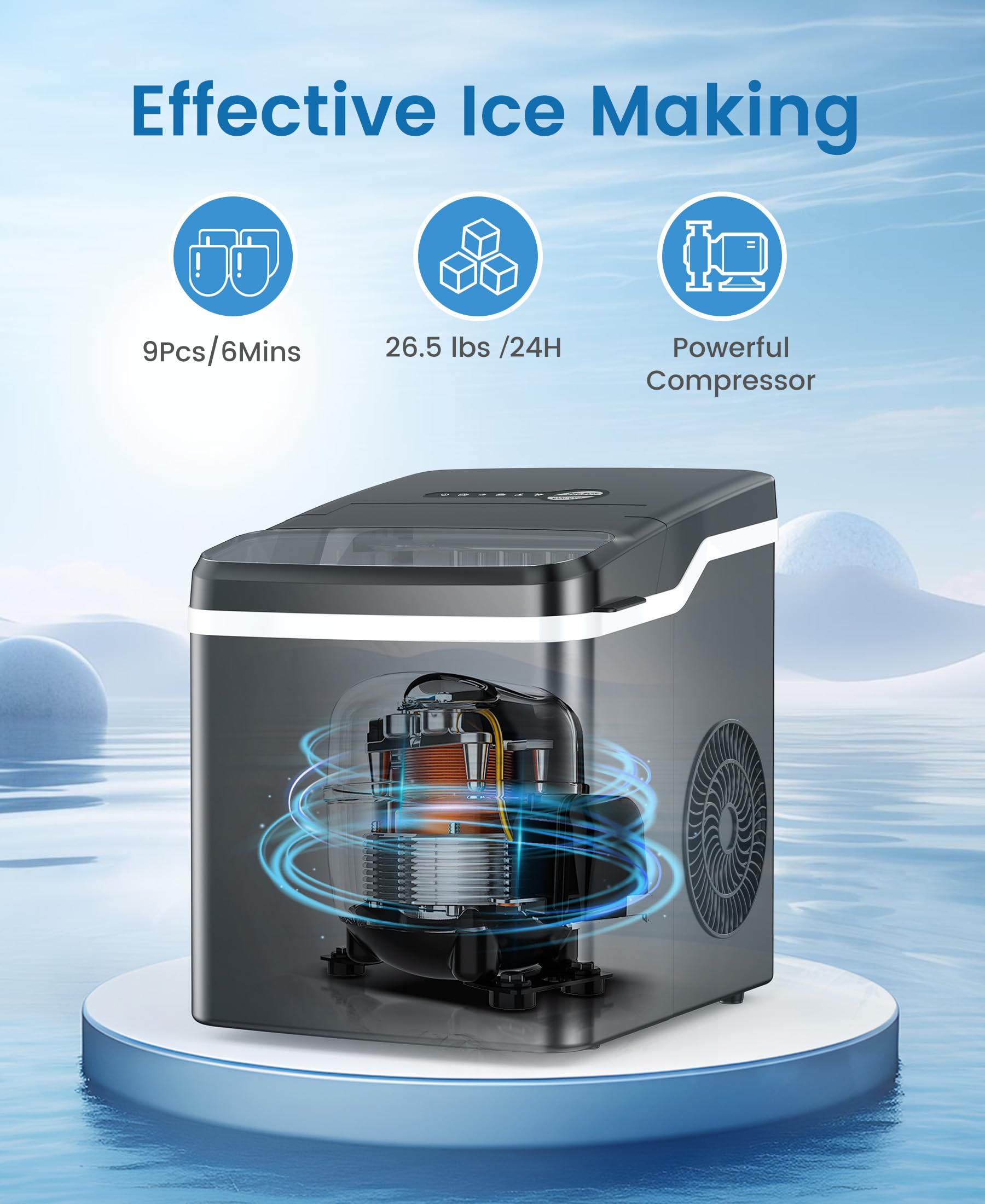 COWSAR Countertop Ice Maker Machine - 26.5lbs/24H, Makes 9 Bullet Ice Cubes in 6 Minutes, Self-Cleaning with Ice Basket & Scoop, 2 Ice Size Options - Perfect for Home Kitchen, Office, Parties, Camping & RV Trips (Black)