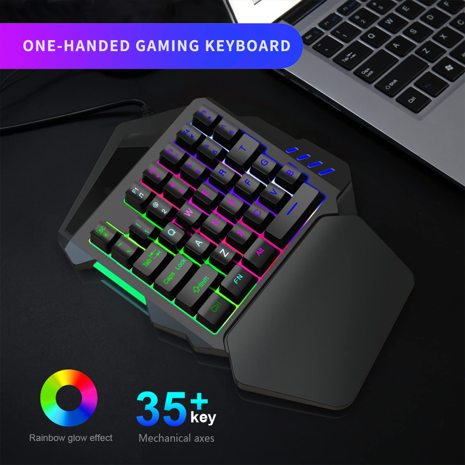 Wireless One-Handed Gaming Keyboard - 2.4G RGB Backlit Mechanical Keyboard with Ergonomic Wrist Rest, 35 Key Compact Design for PUBG, Fortnite, and Mobile Gaming | Perfect for FPS, MMO & Esports Tournaments