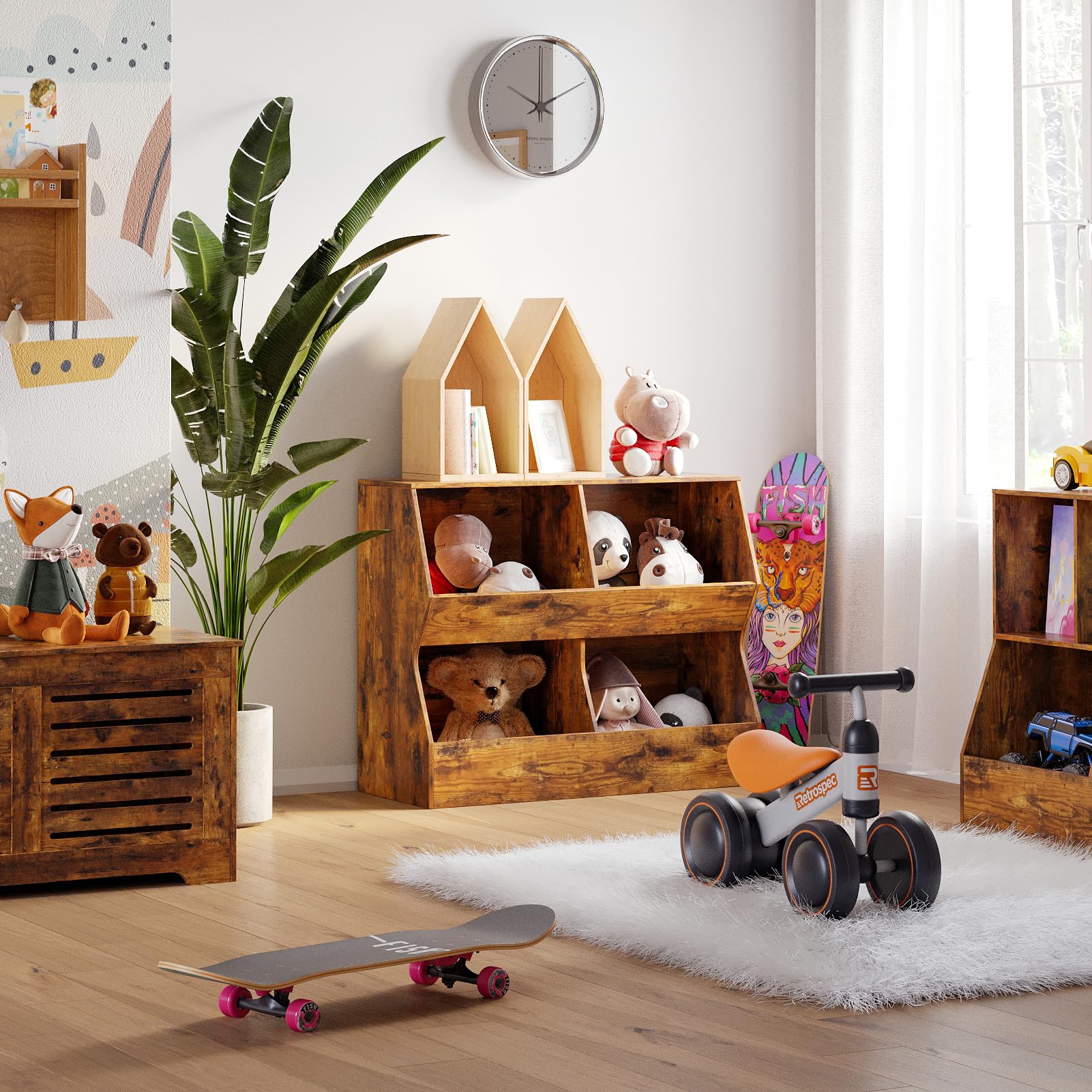 DINZI LVJ Wooden Kids Bookshelf & Toy Storage Organizer - 4 Cubby Children's Bookcase with Toy Storage Cabinet - Rustic Brown 35.4