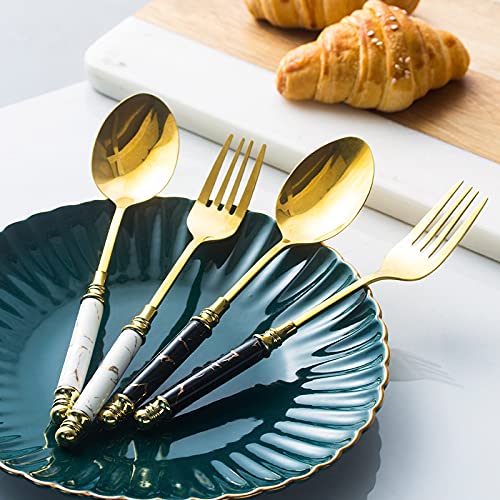 24-Piece Stainless Steel Silverware Set with Ceramic Marble Handles - Dishwasher Safe Flatware Cutlery for Dinner Parties, Weddings, and Everyday Use (White)