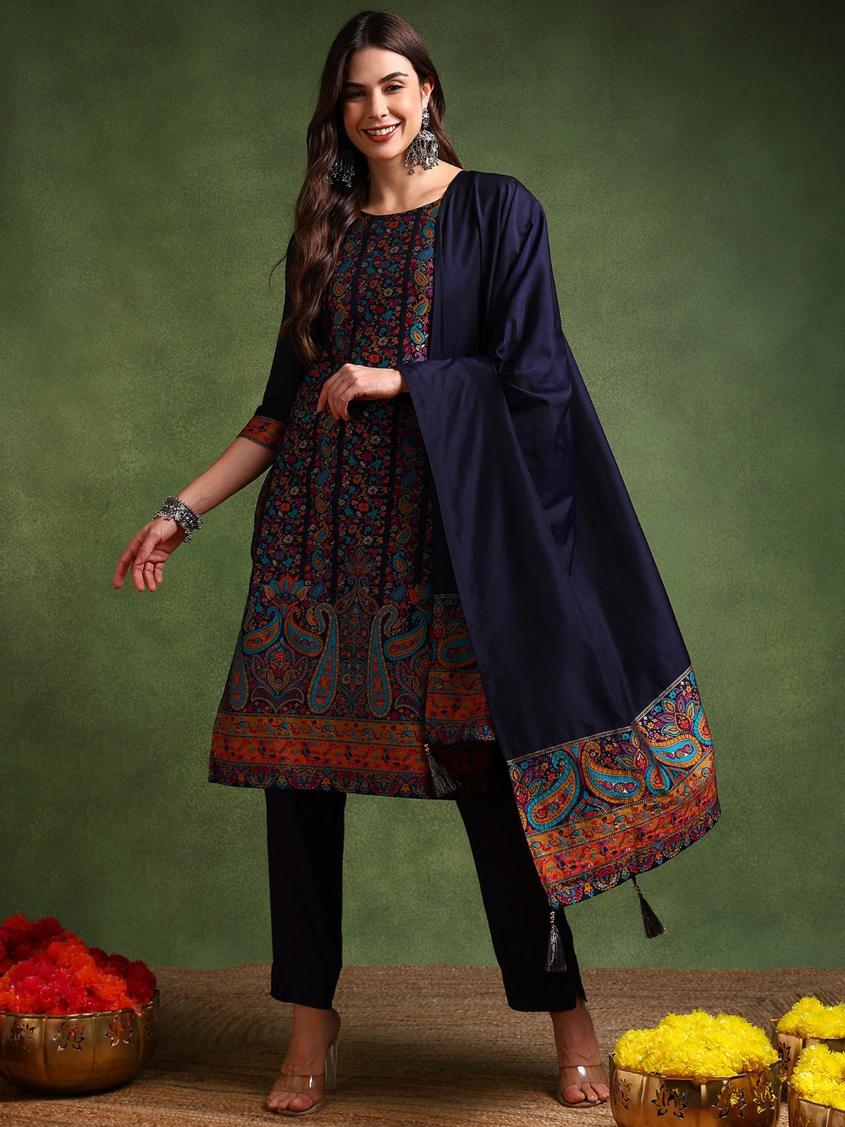 Elegant Navy Blue Chanderi Silk Kurta Set for Women - Traditional Indian Ethnic Wear for Festivals, Weddings & Special Occasions