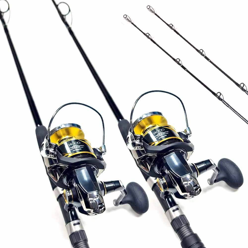 Shimano Stella 14000XGD Spinning Reel & Capt. Harry's CHS720E Fishing Rod Combo Set of 2 - Saltwater Surf Fishing Gear for Beach & Offshore Angling