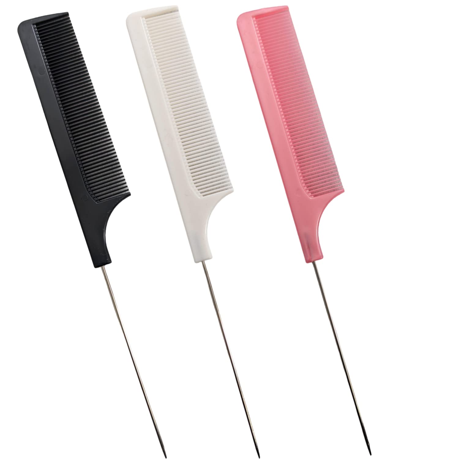 Wolvex 3-Pack Extra Long Rat Tail Combs for Salon & Barber Styling - Anti-Static, Heat Resistant Hairdressing Comb with Stainless Steel Handle - Fine Tooth Cutting Comb for Women & Men (Pink, White, Black) - Perfect for Hair Styling, Sectioning & Precision Cutting in Salons & Home Use