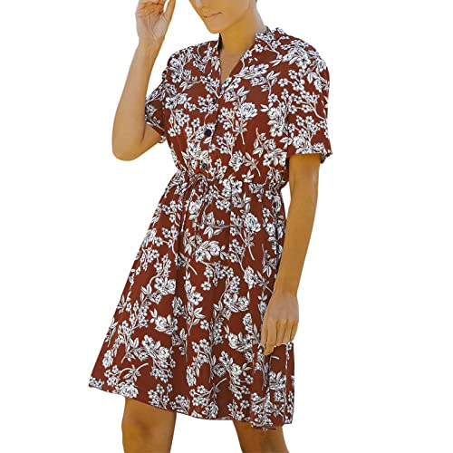 Women's Summer Casual V-Neck Button-Up Floral Print Short Sleeve A-Line Boho Dress - Flowy Cut-Out Design for Beach, Vacation & Outdoor Activities (Wine, S)