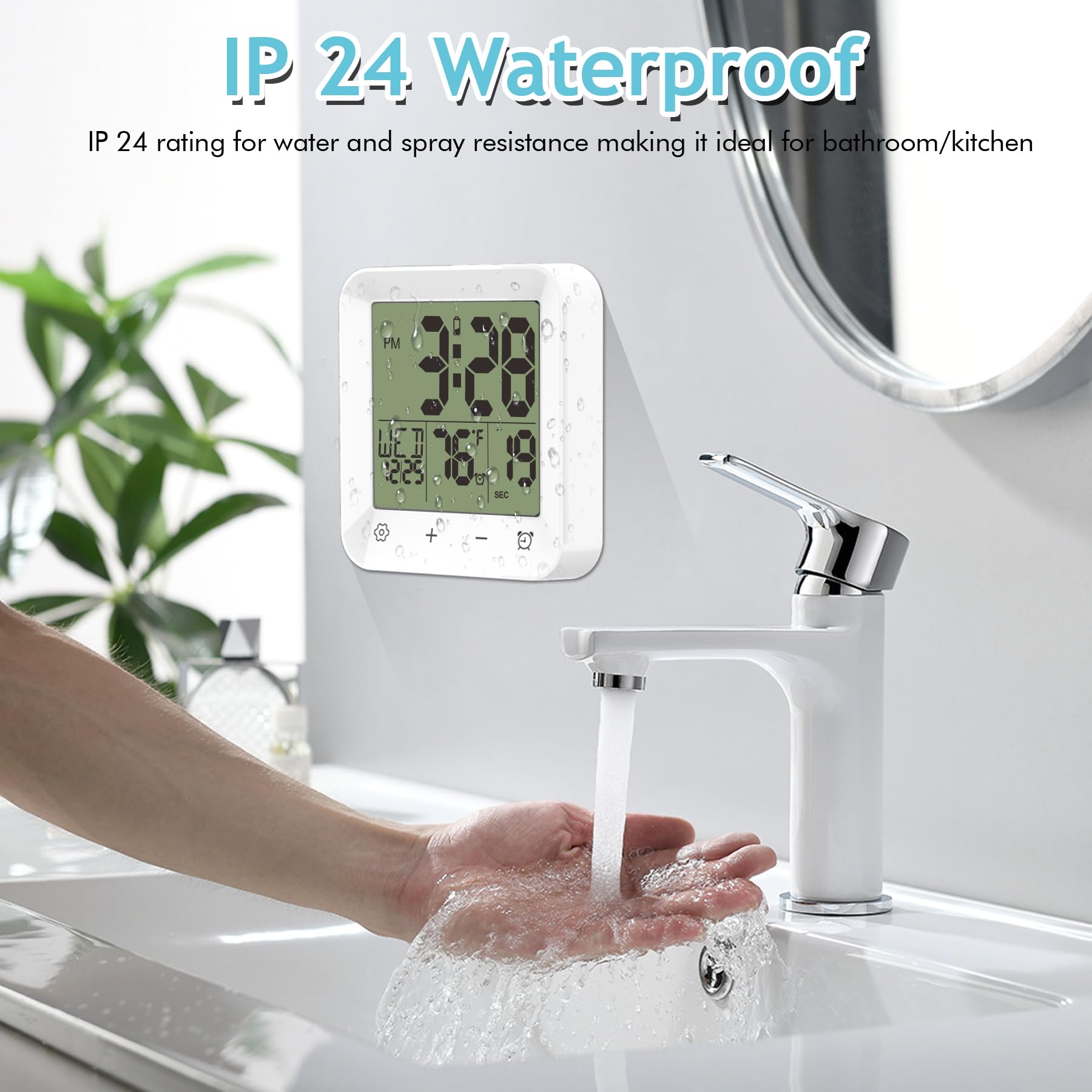 Waterproof Shower Clock with Touch Screen - Digital Bathroom & Kitchen Wall Clock with Temperature Display, Battery Operated, Suction Cup & Hanging Hole - Perfect for Bath, Shower, Sauna and Home Decor