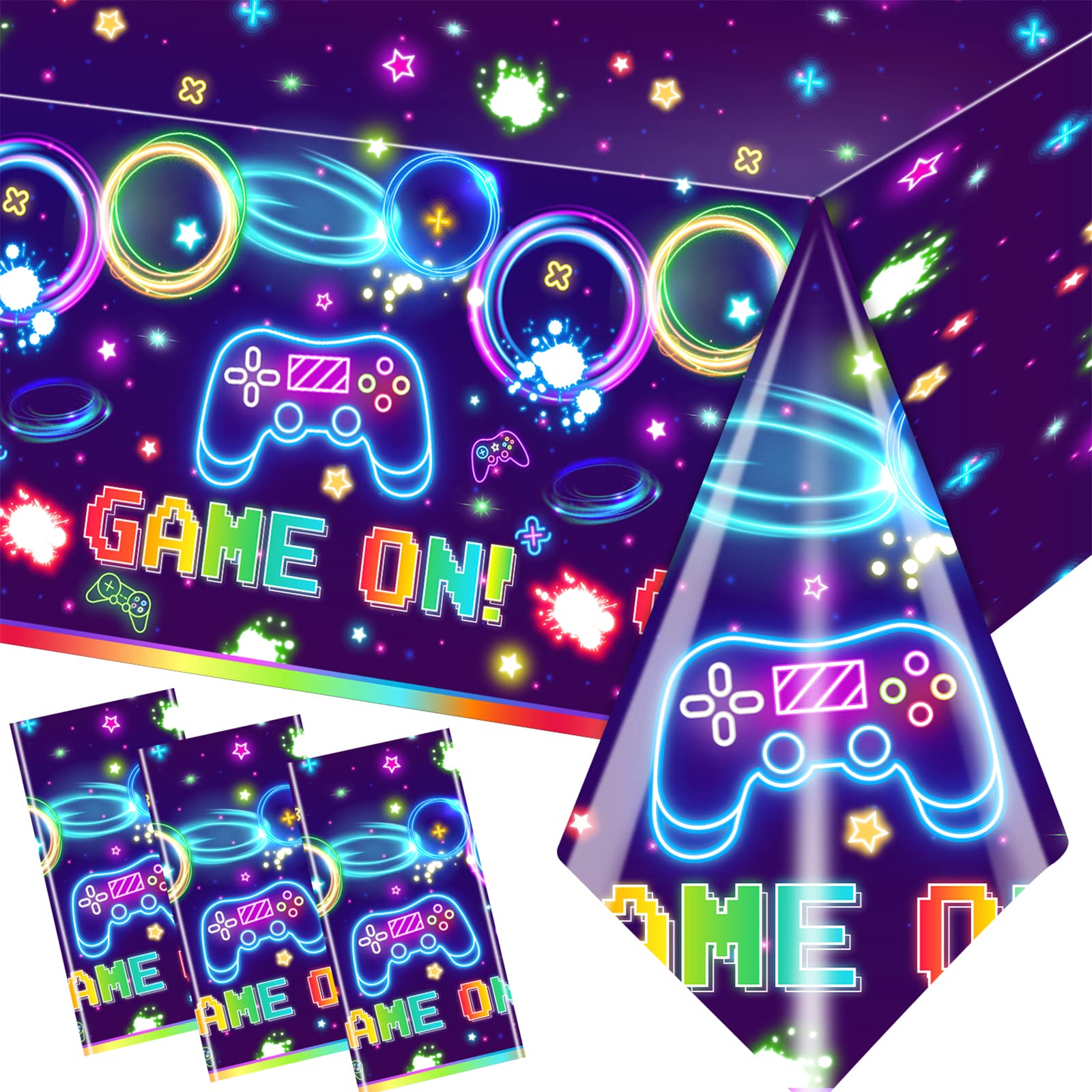 3-Piece Neon Video Game Tablecloth Set - Gaming Birthday Party Decor for Kids, Boys & Girls - Waterproof Table Cover for Gaming Parties, Events & Home Decor