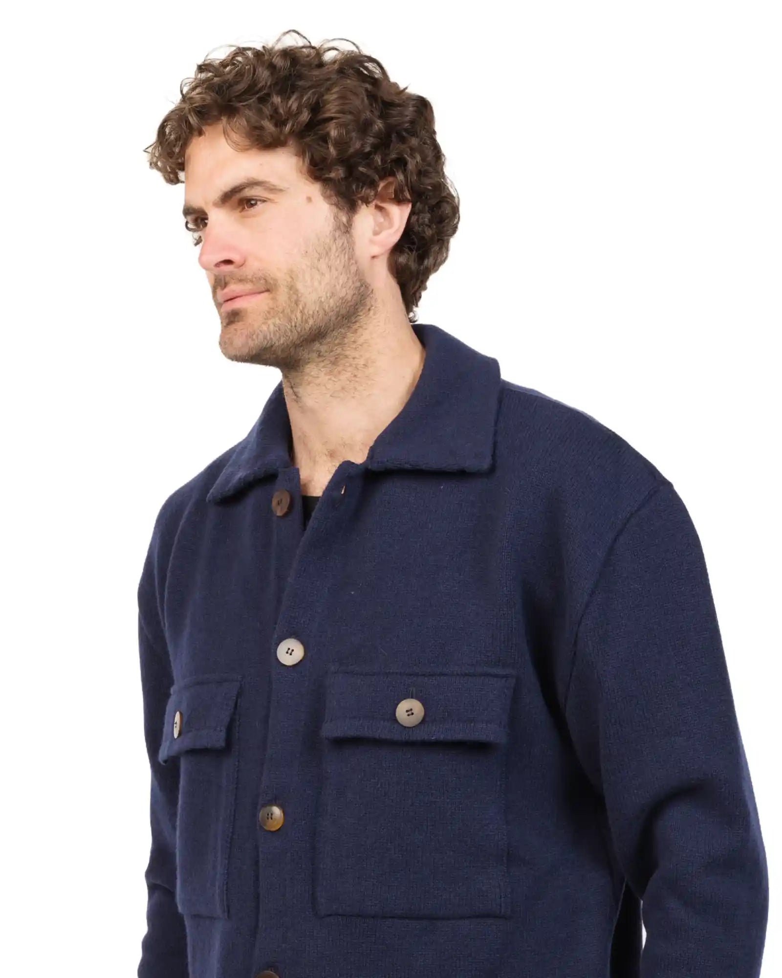 Men's Navy Blue Wool Shacket HS001 - Warm Winter Jacket for Outdoor Activities & Casual Wear