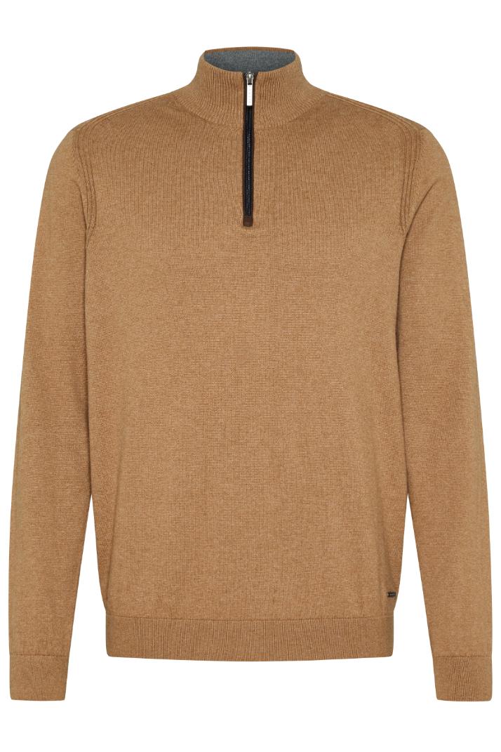 BUGATTI Men's Quarter Zip Long Sleeve Sweater - Soft Cotton Pullover, Lightweight Casual Knit Top (Beige, Regular Fit) for Work, Golf & Outdoor Activities