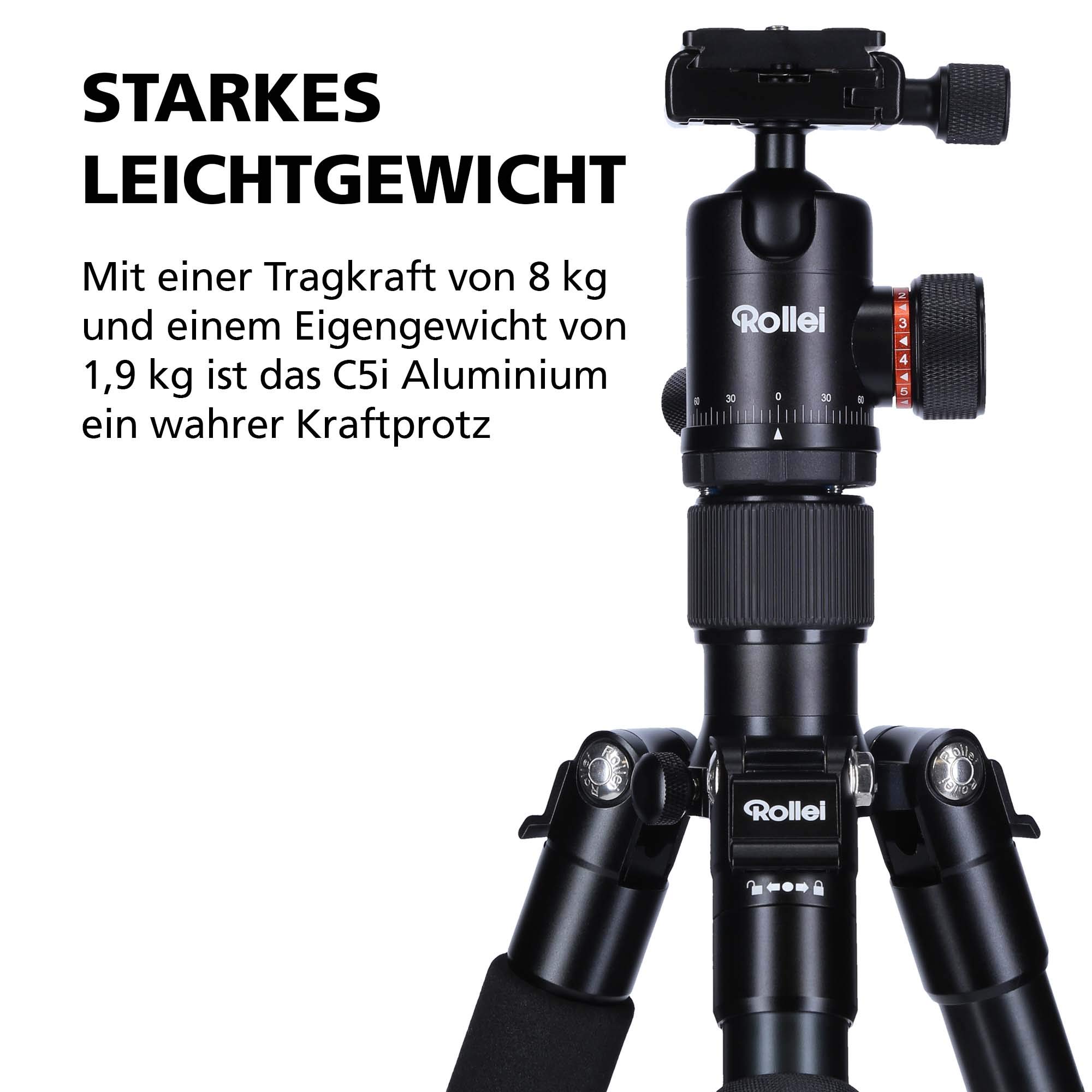 Rollei C5i Compact Aluminum Camera Tripod with Ball Head & Phone Holder - 156cm, 8KG Load, Travel Carry Bag - Portable Stand for DSLR, Mirrorless Cameras & Smartphones - Perfect for Travel, Vlogging & Photography