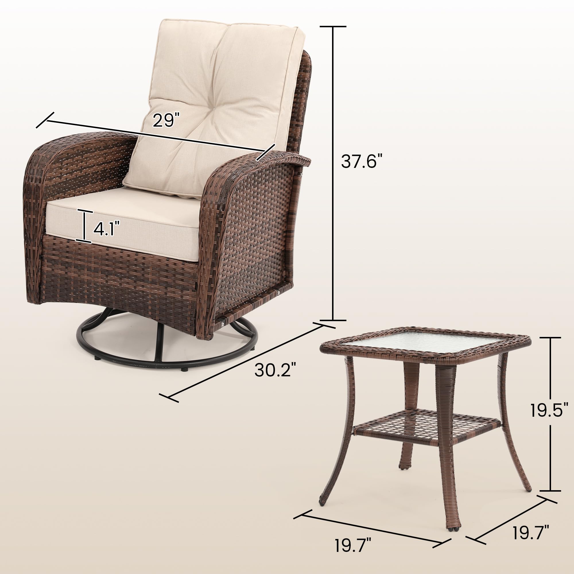 Kromax 3-Piece Patio Furniture Set - Outdoor Swivel Glider Rocker, Wicker Bistro Set with Rattan Rocking Chair & Glass Top Table - Thick Cushions for Porch, Deck, Garden or Backyard (Brown Rattan & Beige Cushion) - Perfect for Relaxing, Entertaining & Outdoor Dining