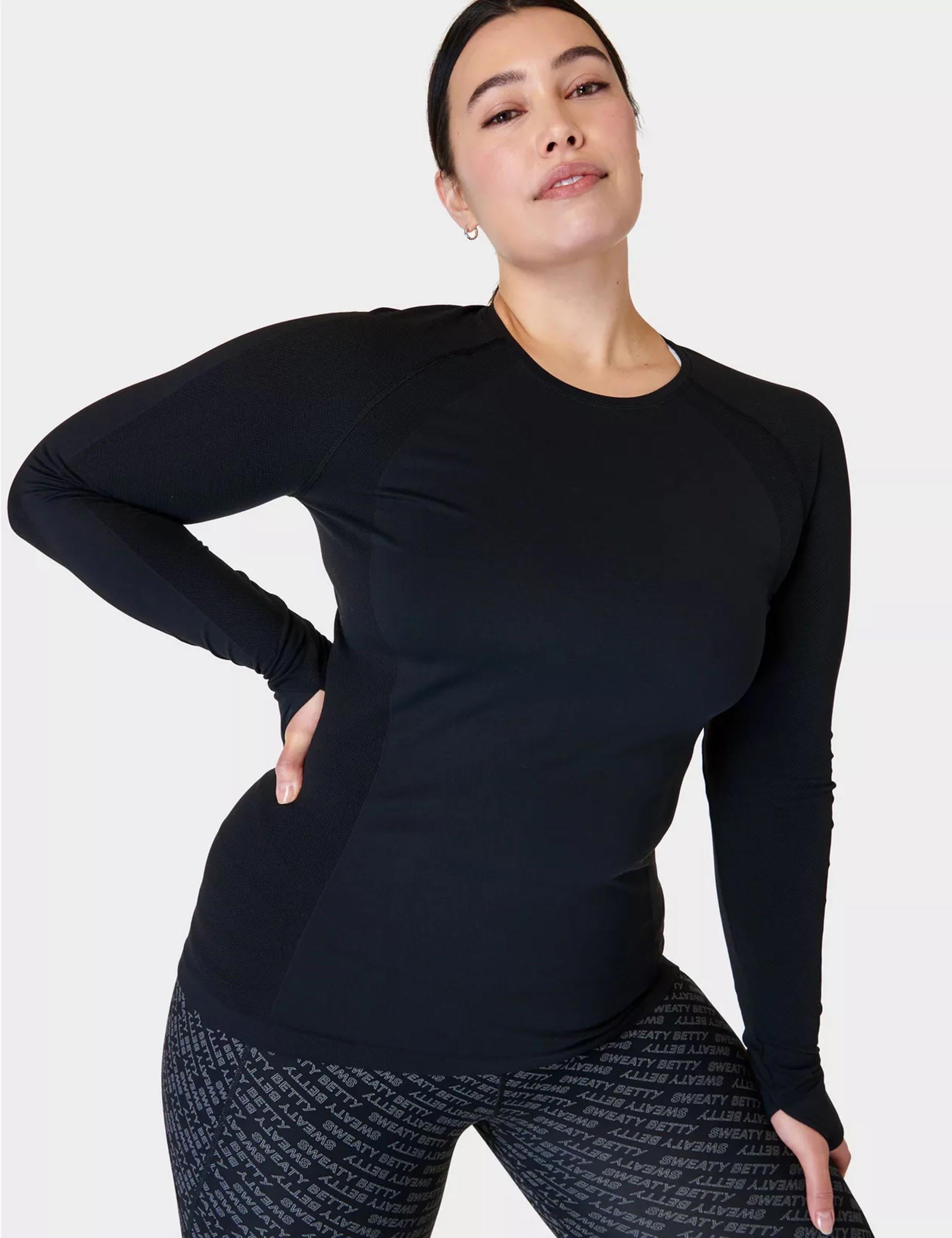 High-Performance Seamless Gym Long Sleeve Workout Top for Women & Men - Moisture Wicking, Breathable, Comfortable - Ideal for Yoga, Running, Gym Training - Black