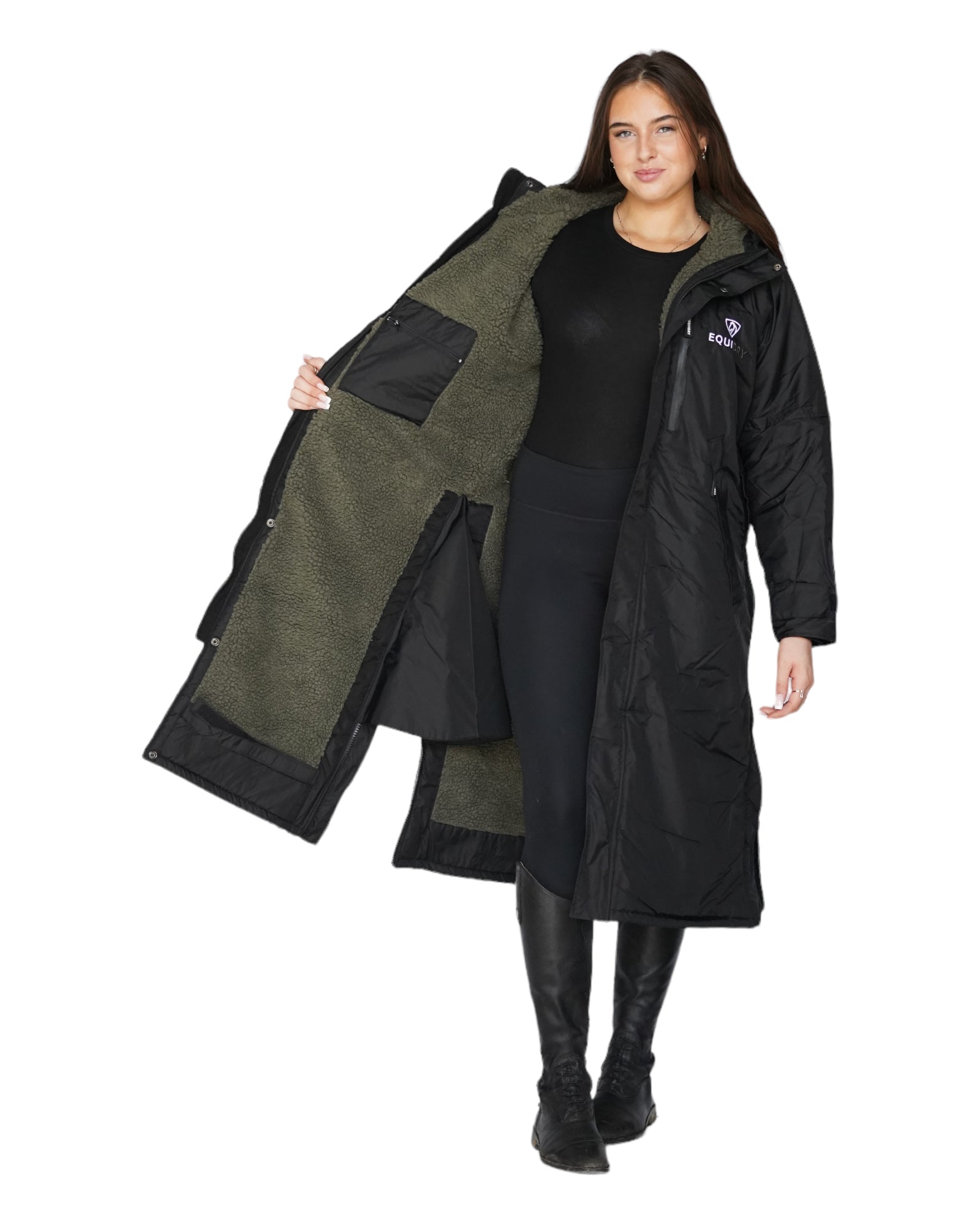 Evolution Women's Thick Fleece Hooded Jacket - Warm Winter Coat with Fixed Hood in Black/Olive for Outdoor Activities & Casual Wear