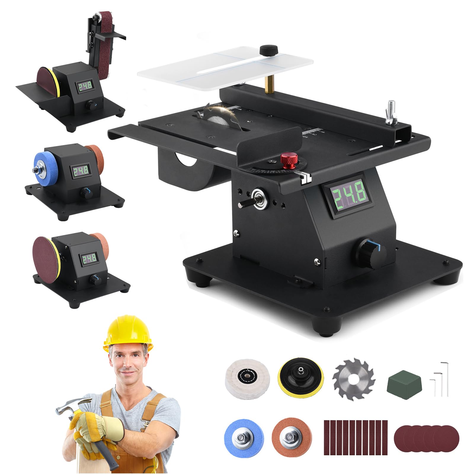 Mini Multi-Functional Table Saw with LED Voltage Display - 4-in-1 Woodworking Tool with 7-Speed Adjustment, 0-90° Adjustable Belt Sander, Dual Bench Grinder & 10 Sanding Belts - Perfect for DIY Crafts, Wood Carving, Jewelry Making & Home Workshop Projects