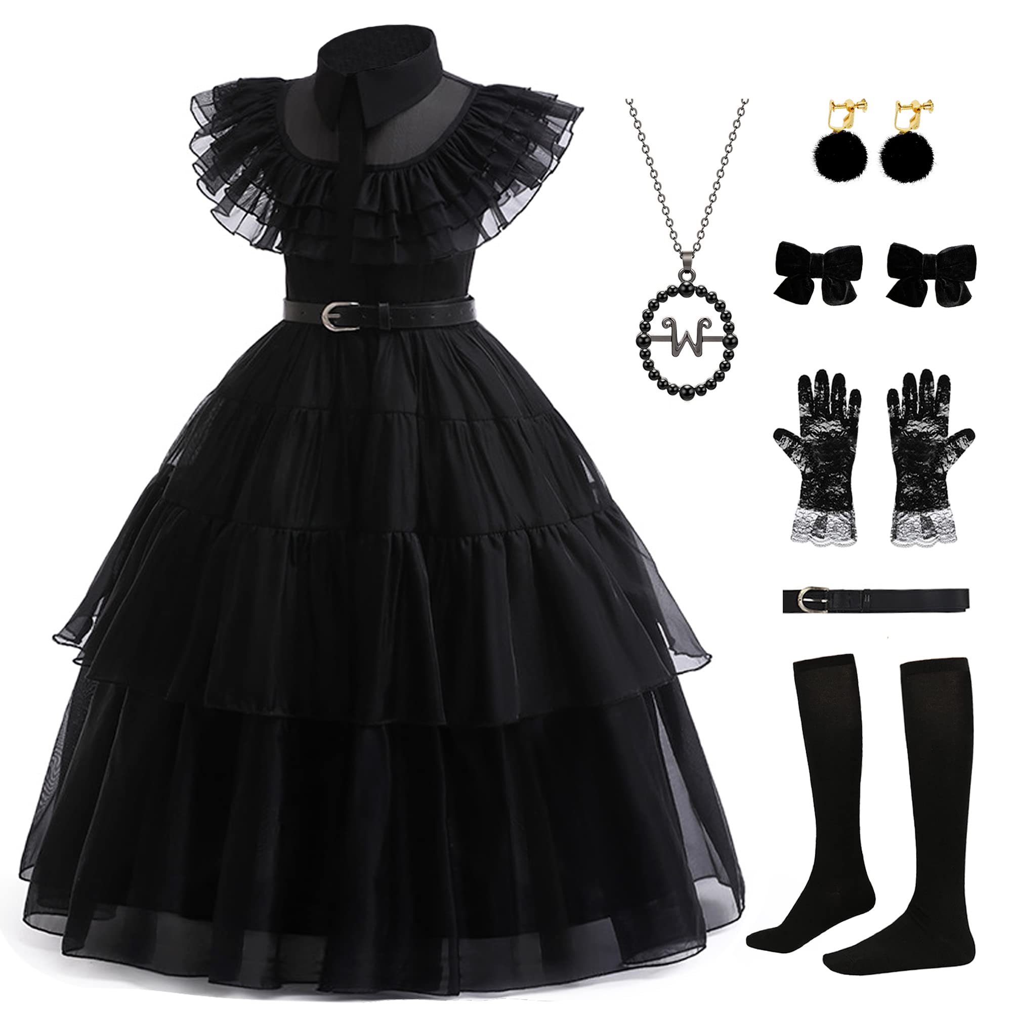RuuYiicoco Girls Black Costume Dress with Accessories - Halloween, Cosplay, Birthday Party Dress Up Set for Kids