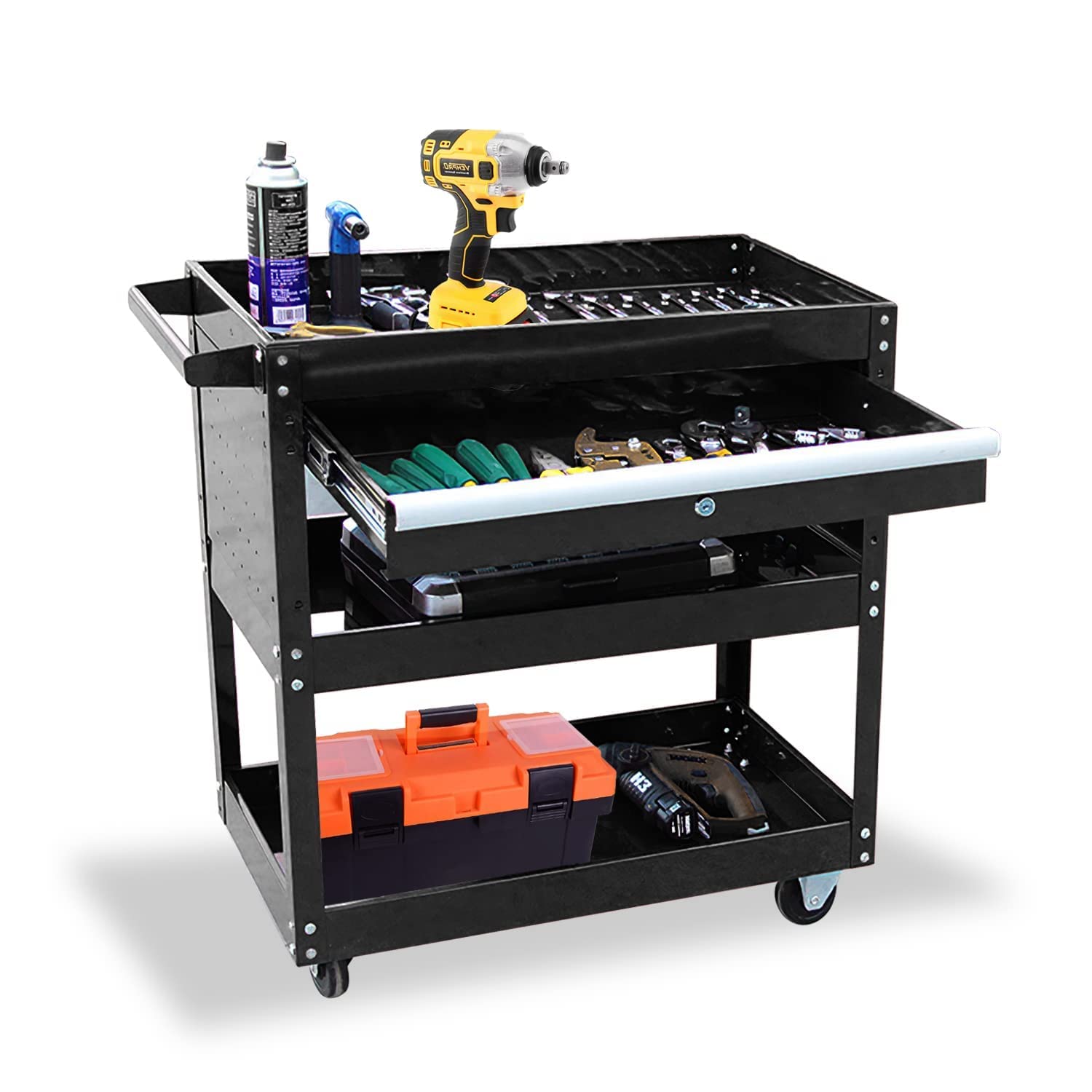 Yenntrss 3-Tray Locking Tool Cart with Wheels - 330 LBS Capacity Rolling Utility Storage Cart, 3-Tier Service Trolley for Garage, Warehouse & Repair Shop | Perfect for Mechanics, DIY Enthusiasts & Professional Technicians