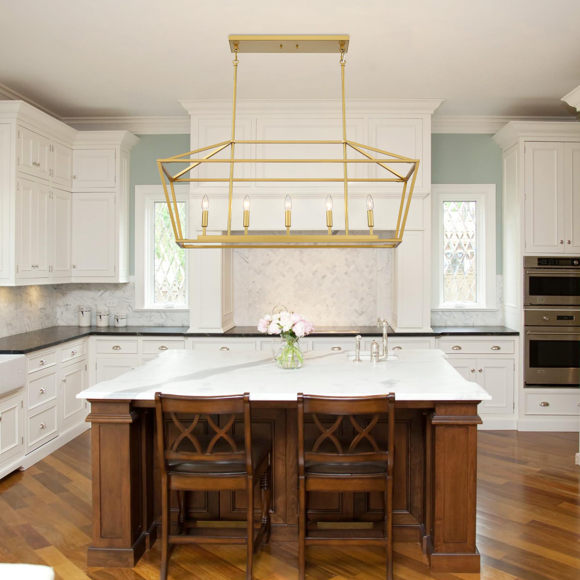 Untrammelife 5-Light Gold Modern Linear Chandelier - Adjustable Kitchen Island Pendant Lighting with Rectangle Lantern Design for Dining Table & Countertop | Perfect for Farmhouse, Contemporary Kitchens & Restaurant Decor