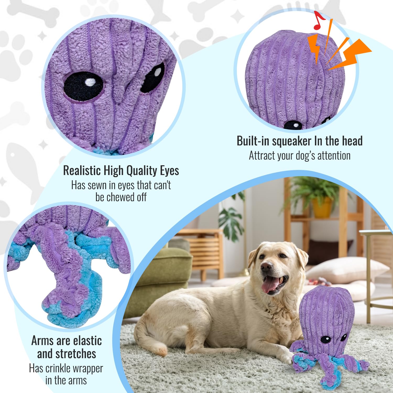 Durable Octopus Dog Chew Toy for Small, Medium & Large Dogs - Squeaky & Crinkle Interactive Puppy Toy for Aggressive Chewers (Purple/Blue) - Perfect for Playtime, Training & Teething Relief