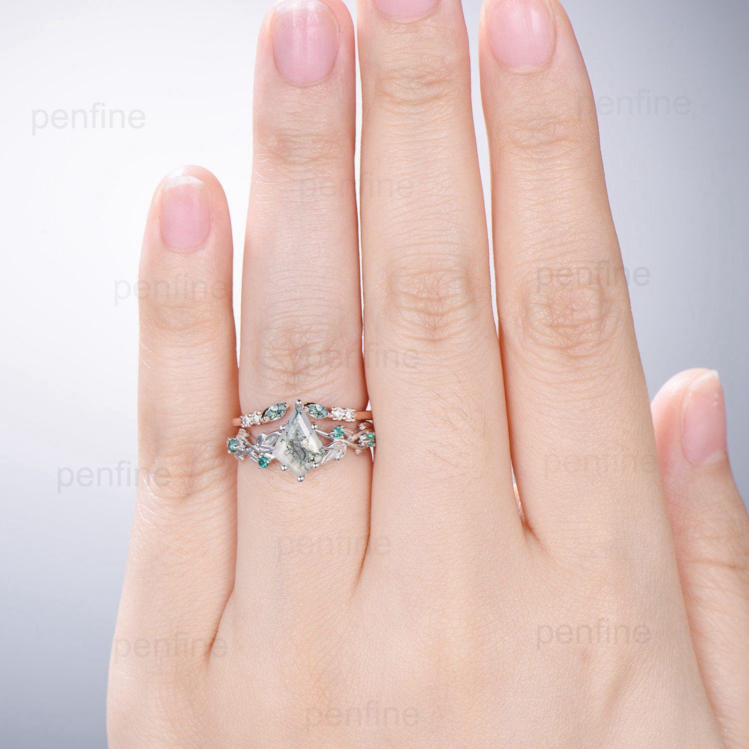 7X10mm Kite Twig Moss Agate Engagement Ring - Nature Inspired Leaf Vine Green Agate Wedding Set in White Gold - Elegant Emerald Anniversary Ring for Women - Perfect for Outdoor Weddings, Nature-Themed Proposals & Romantic Gift Giving