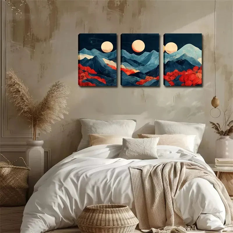 3-Piece Abstract Mountain and Moon Wall Art Set - Framed Canvas 40x60cm (16x24in) - High Quality Print - 100% Australian Made - Ready to Hang - Perfect for Living Room, Bedroom or Office Decor