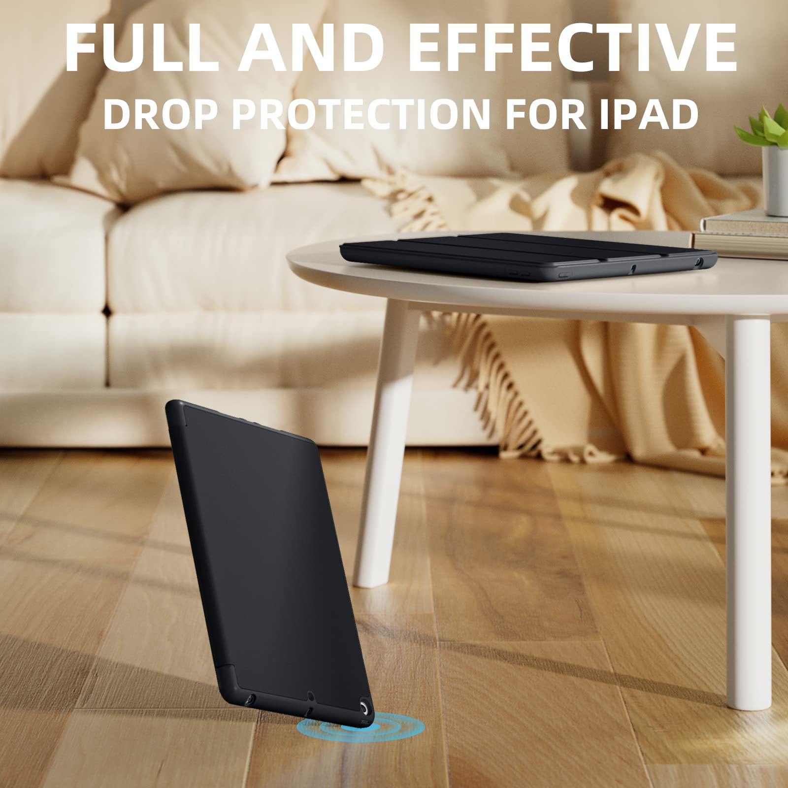 Premium iPad 10.2 Inch Case (2021/2020/2019) for 9th/8th/7th Gen - Shockproof TPU Back with Pencil Holder & Auto Sleep/Wake Cover - Perfect for Work, School & Travel - Black