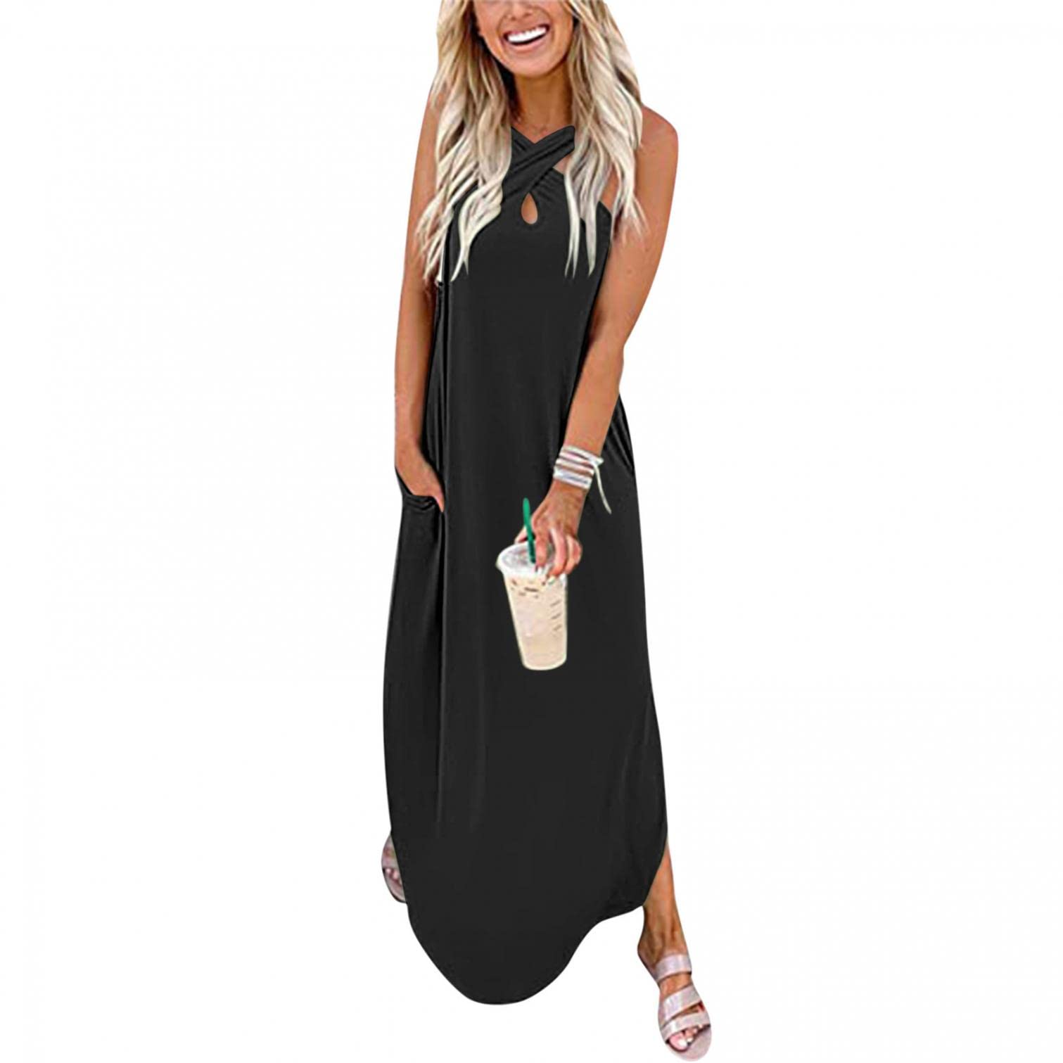 FABIURT Women's Summer Maxi Dress 2023 - Casual Loose Flowy Boho Long Dress with Crisscross Design for Beach, Vacation & Outdoor Activities