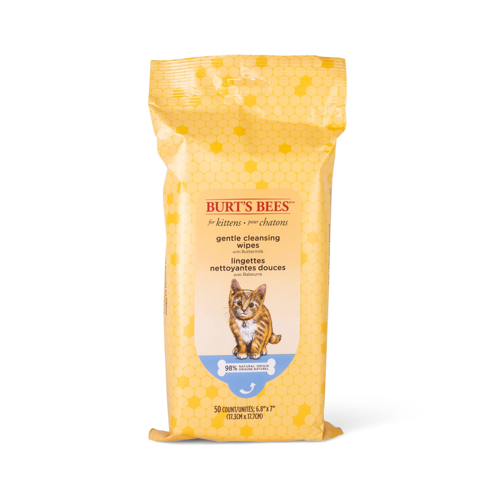 Burt's Bees for Pets Kitten Wipes with Buttermilk | 98% Natural Cat Grooming Wipes | Waterless Cleaning & Grooming Supplies for Cats | 50 Count | Perfect for Travel, Litter Box Cleanup & Gentle Fur Care