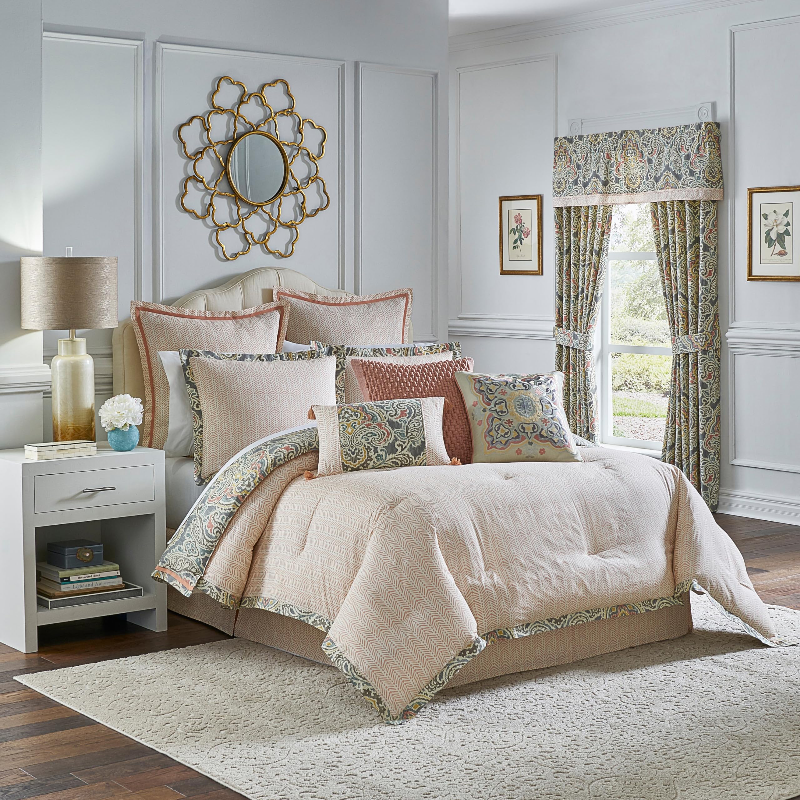 Waverly Artisanal Modern Farmhouse Damask 4-Piece Reversible Comforter Set - All Season King Size Bedding with Comforter, Bed Skirt & 2 Pillow Shams | Machine Washable Cotton Blend | Perfect for Guest Rooms, Master Bedrooms & Farmhouse Decor