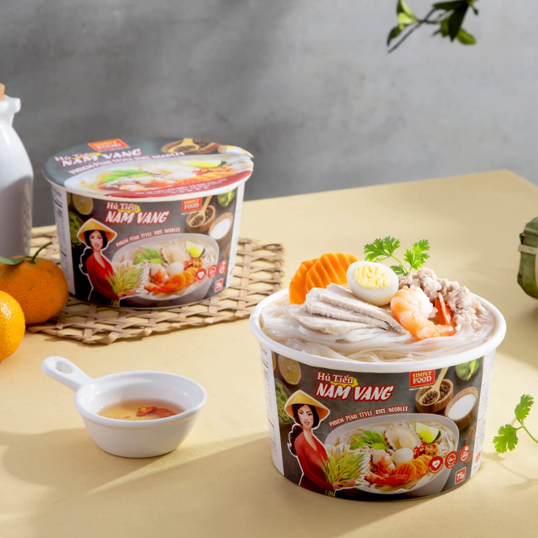Instant Phnom Penh Rice Noodles (Hủ Tiếu Nam Vang) - 9 Pack of 75g Bowls - Thin Flat White Rice Noodles in Savory Pork Broth - Quick Asian Meal, Easy Lunch or Dinner Solution