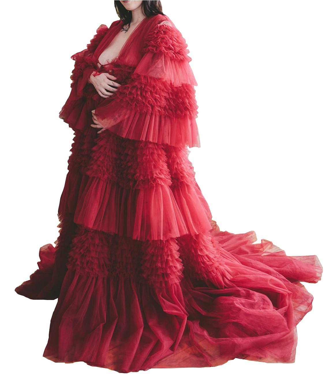 **Elegant Maternity Bathrobe - Soft Puffy Tulle Long Gown with V-Neck for Women, Baby Shower & Bridal Party, Perfect for Pregnancy, Postpartum & Relaxing at Home**