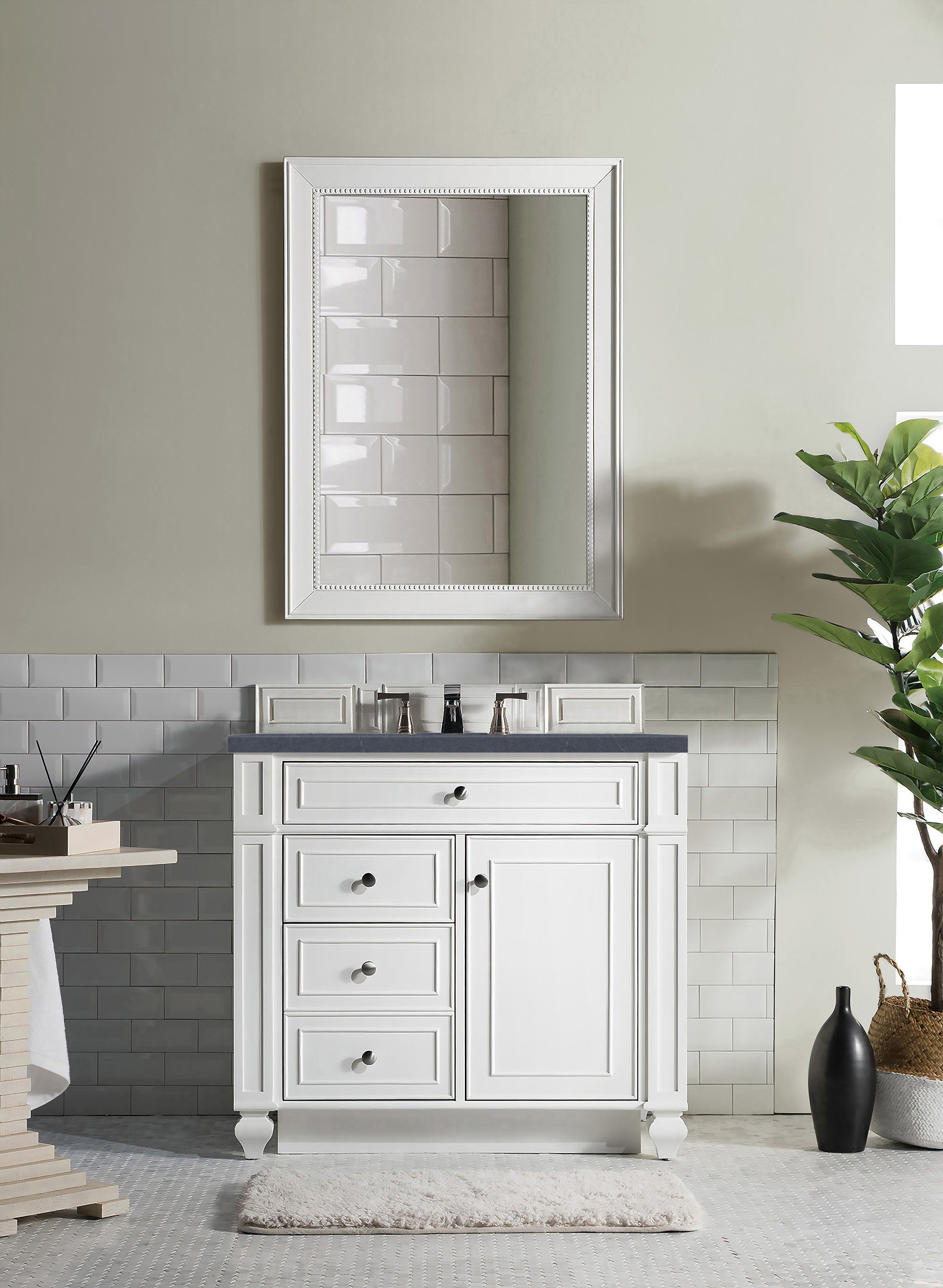 Bristol 36 Inch Single Bathroom Vanity Set with Bright White Finish & 3CM Charcoal Soapstone Quartz Countertop - Perfect for Modern Home, Apartment, or Guest Bathroom Remodel