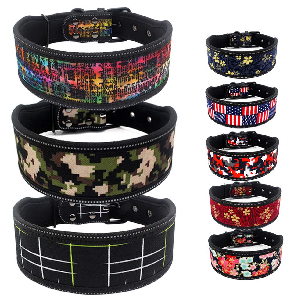 Reflective Nylon Wide Dog Collar - Fashion Printed Adjustable Pet Collar for Medium & Large Dogs - Pitbull & French Bulldog - Sizes S/M/L (Large, C) - Perfect for Night Walks & Outdoor Adventures