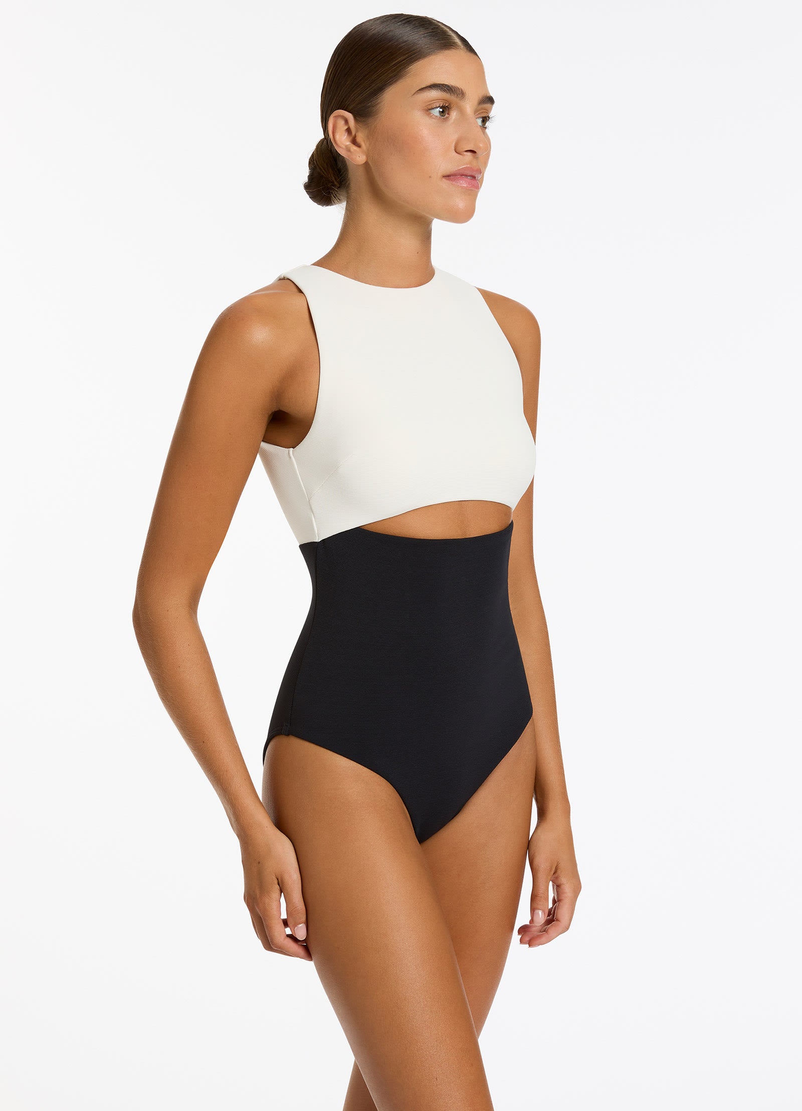 Versa Rib Cut Out High Neck One Piece Swimsuit - Black/Cream - Sexy & Stylish for Beach, Pool & Summer Vacations