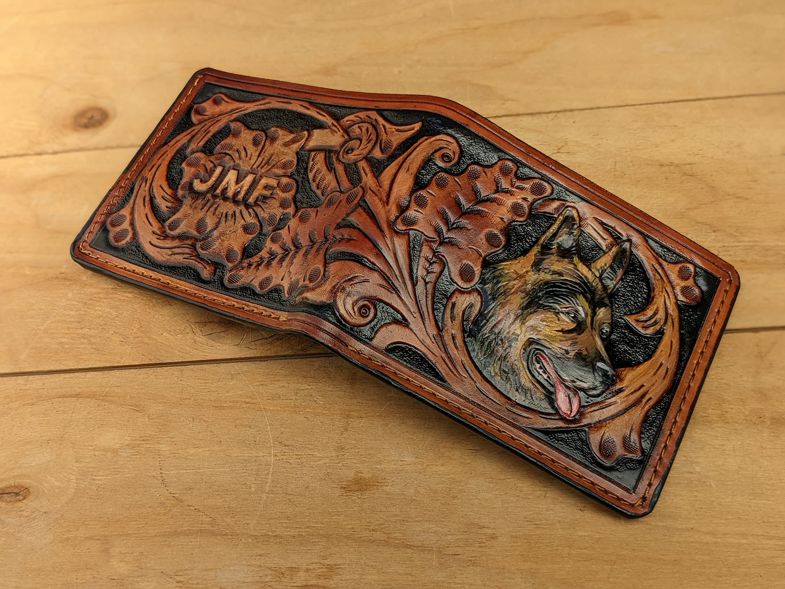 Handmade 3D Genuine Leather Bifold Wallet for Men - German Shepherd Dog Puppy Flower Carved Design - Custom Personalized Tooled Airbrush Art Wallet - Perfect Gift for Dad, Husband & Dog Lovers