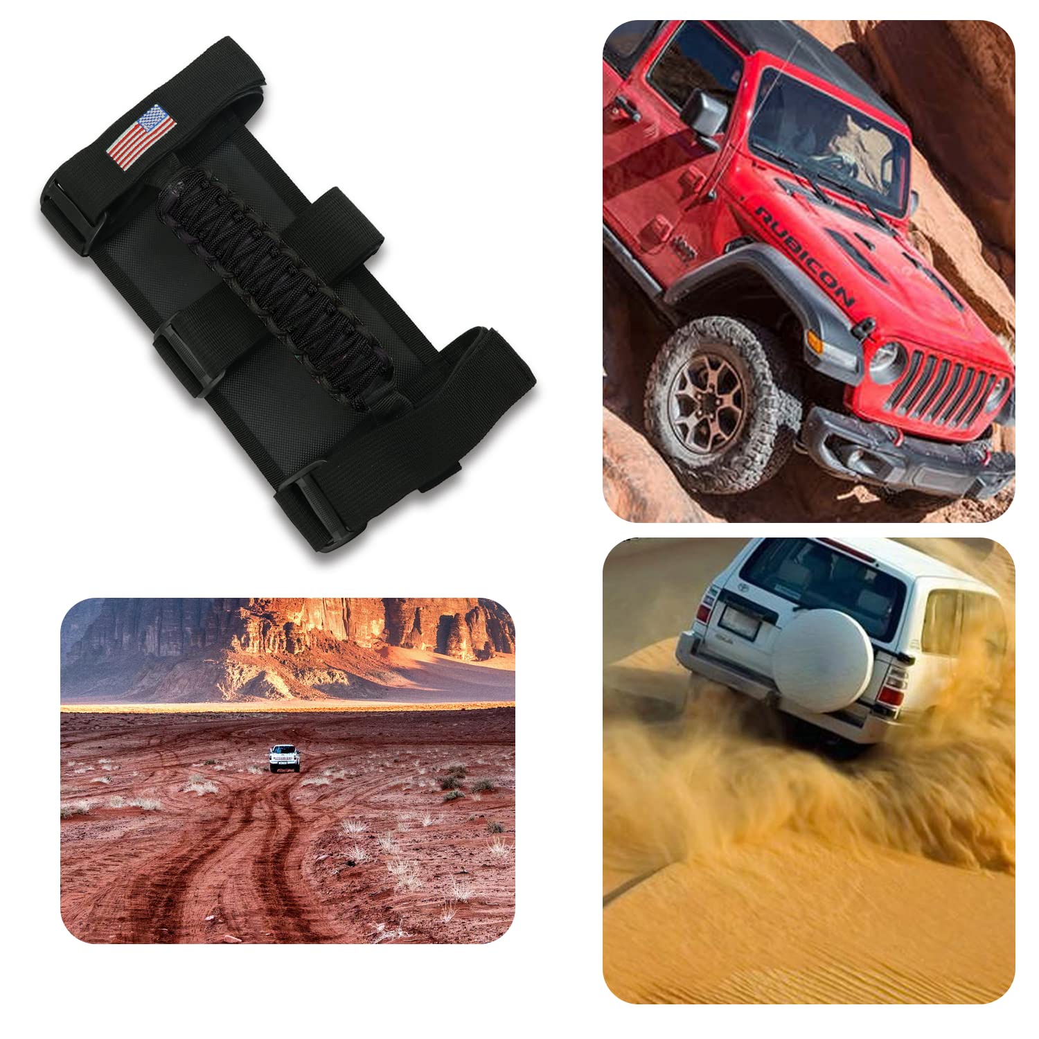 Jeep Roll Bar Grab Handles with US Flag Design - Compatible with Wrangler YJ TJ JK JKU JL JLU & Gladiator JT (1955-2023 Models) - Black 4-Piece Set - Off-Road Accessories for Enhanced Safety & Style