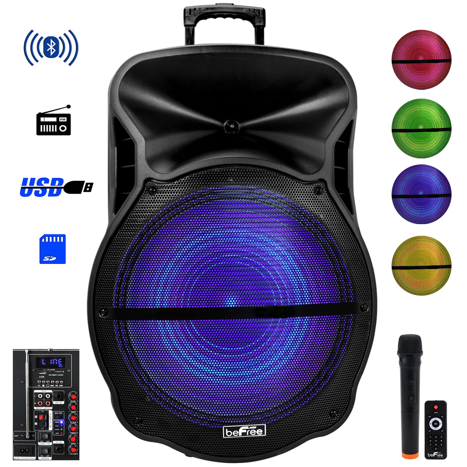 beFree Sound 18 Inch Bluetooth Party Speaker - Portable Rechargeable Wireless Speaker with LED Lights, USB/SD Playback, Mic/Guitar Inputs & FM Radio - Perfect for Outdoor Parties, Beach Gatherings & Home Entertainment