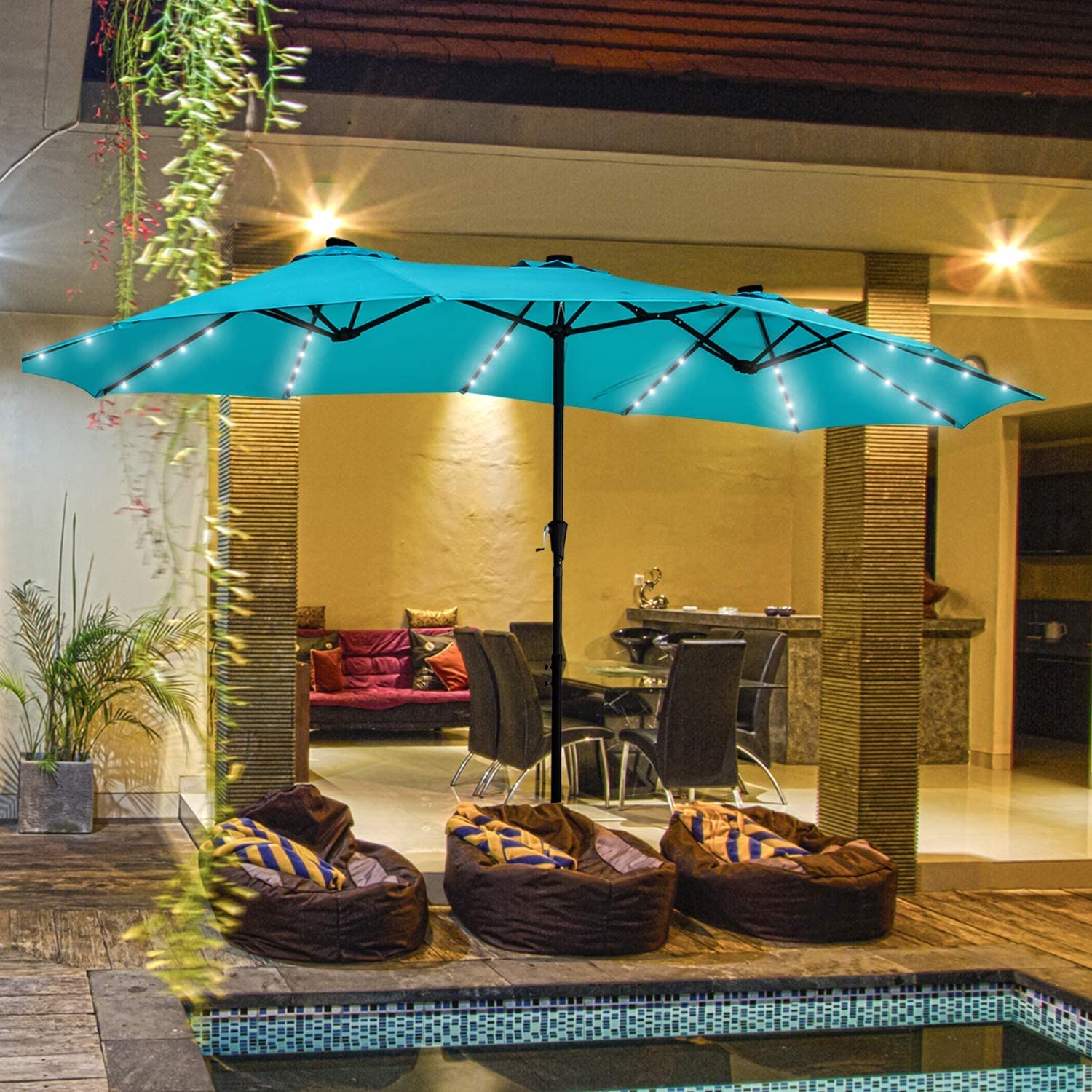 GDY 15Ft Solar Powered Patio Umbrella with 48 LED Lights - Double-Sided Aluminum Outdoor Market Umbrella in Blue - Perfect for Backyard, Poolside, and Outdoor Dining Areas