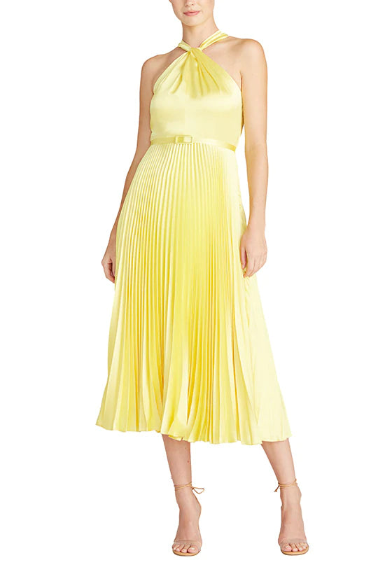 Elegant Satin Midi Dress with Crossover Neckline in Lemon Yellow - Perfect for Cocktail Parties, Date Nights & Summer Weddings