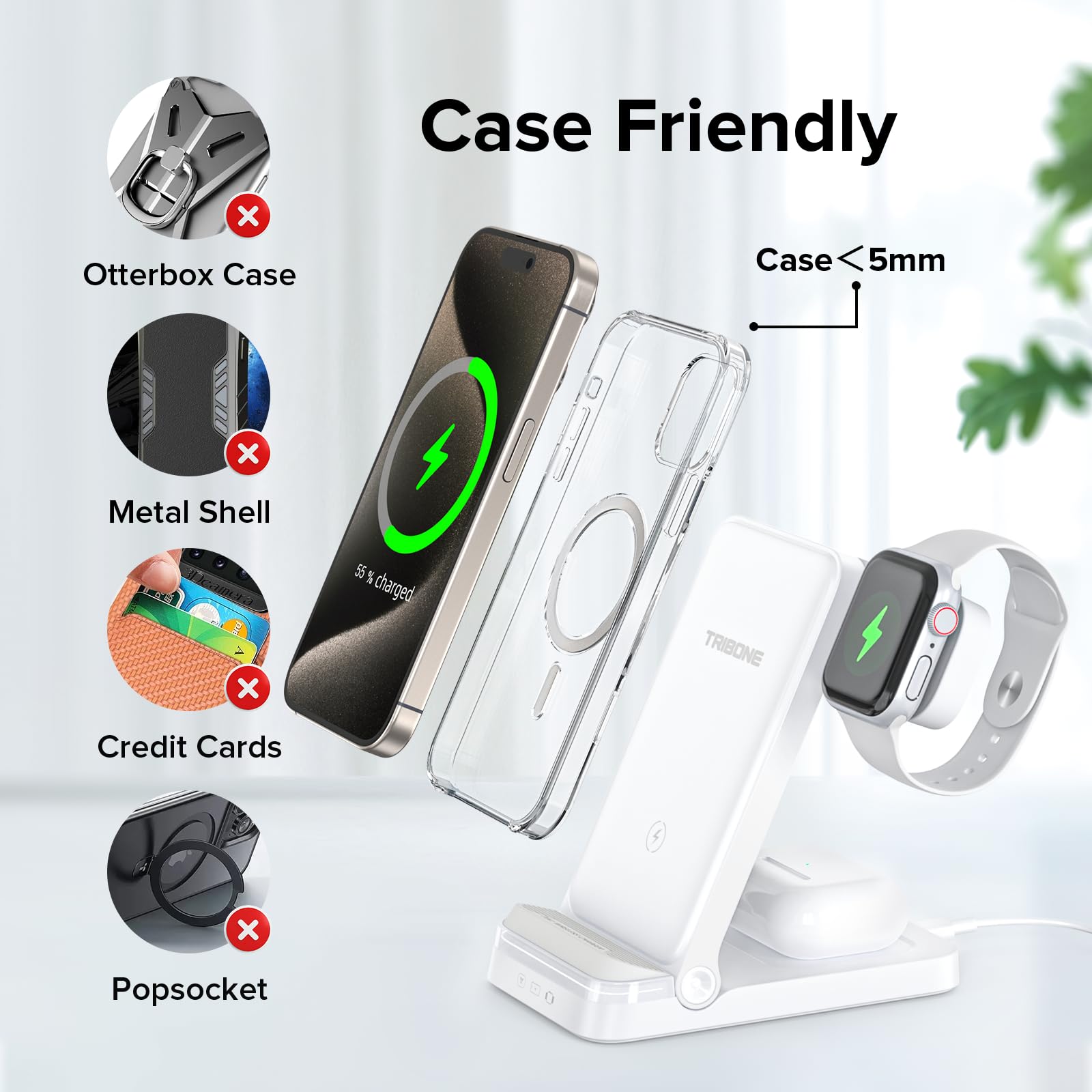 3-in-1 Foldable Fast Wireless Charger for iPhone 15/14/13/12/11 Pro Max/XS/XR/8 Plus, Apple Watch Series 9/8/7/6/5/4/3/2/SE & AirPods Pro 3/2 - Multi-Device Charging Station (White) | Perfect for Home, Office & Travel Use