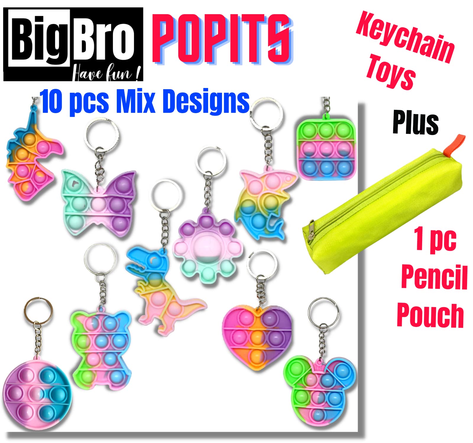 BigBro Pop It Keychain Fidget Toy - 10pc Mix Designs with 1 Pencil Pouch - Silicone Stress Relief Push Bubble Popper for Kids, Boys, Girls & Adults - Perfect for Birthday Gifts, Classroom Rewards & Anxiety Relief