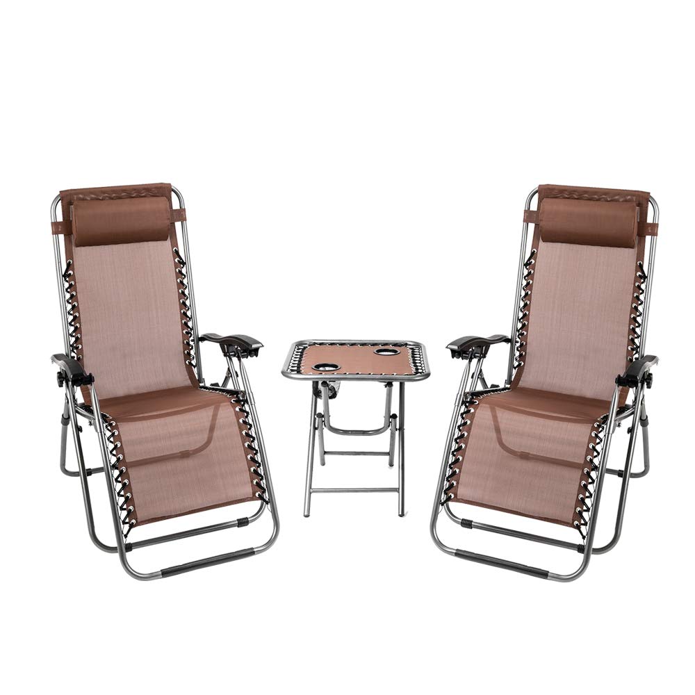 2-Pack Zero Gravity Lounge Chairs with Side Table, Pillow & Cup Holder - Adjustable Reclining Patio Furniture for Deck, Beach, Yard & Outdoor Relaxation - Perfect for Sunbathing, Lounging & Backyard BBQs (Brown)