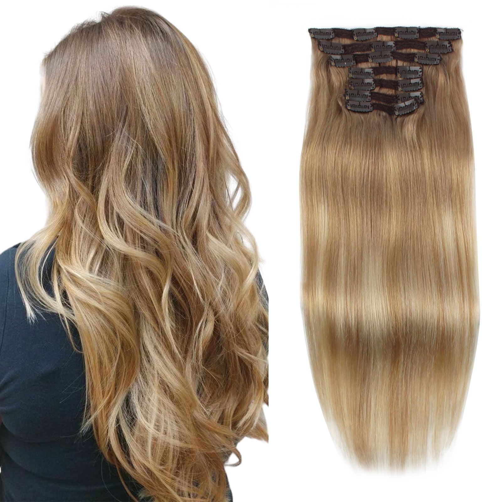 Remy Human Hair Clip-in Extensions 16 Inch 120g 7pcs - Balayage Ash Brown to Light Chestnut Brown Fading Dirty Blonde & Platinum Blonde (B8-18-60) | 18 Clips for Volume & Length | Perfect for Parties, Weddings & Daily Styling