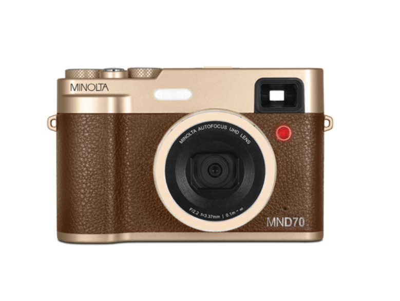 MINOLTA MND70 Retro 48MP Autofocus Camera - 5K Ultra HD Dual Lens with WiFi (Gold/Brown) - Perfect for Travel Photography & Vlogging