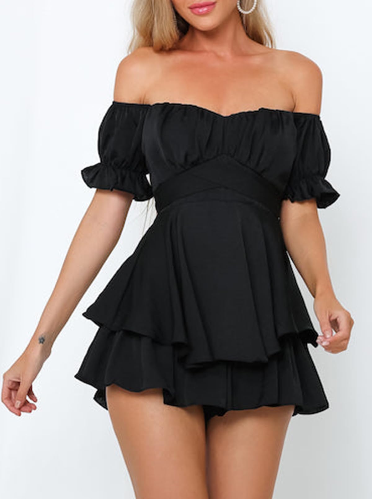 Fixmatti Women's Boho Off Shoulder Romper - Flowy Chiffon Ruffle Short Jumpsuit for Summer Beach Vacations & Music Festivals