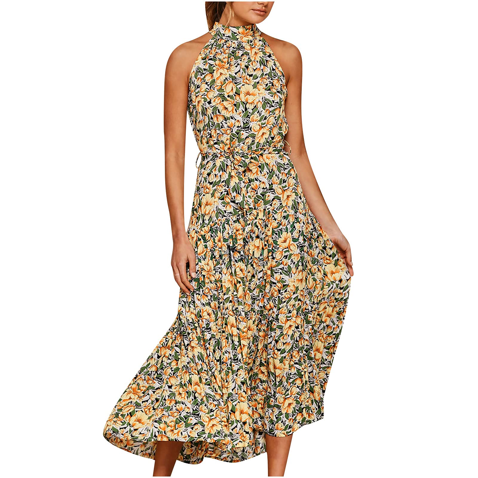 Women's Floral Sleeveless Maxi Dress - Summer Halter Neck Tank Sundress for Beach, Party & Casual Wear | Lightweight Swing Long Dress for Vacation, Poolside & Outdoor Events