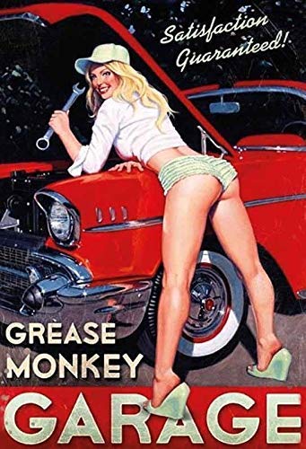 Vintage KIEJAW Grease Monkey Garage Pin Up Girl Metal Sign - 12x16 Inch Retro Wall Decor for Man Cave, Garage, Bar & Workshop - Durable Tin Sign for Automotive Enthusiasts & Vintage Collectors